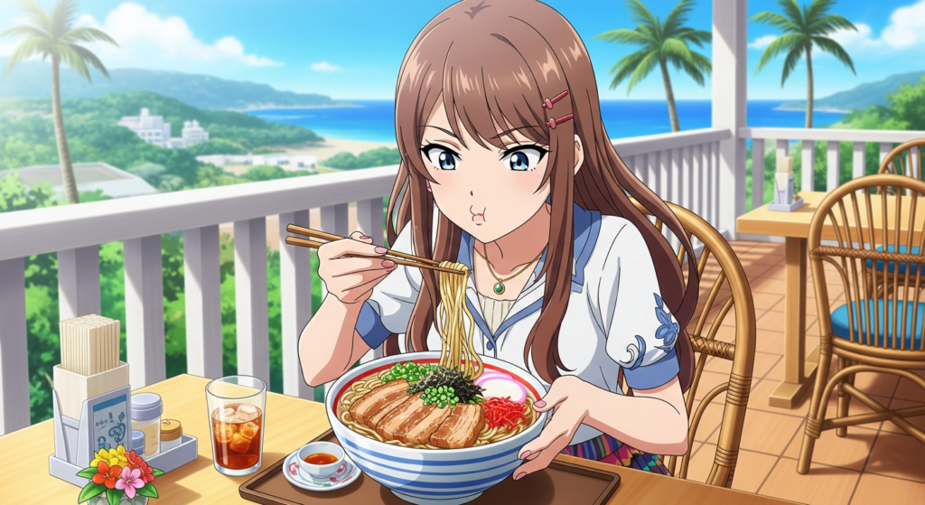 沖縄そばを食べる若い女性
