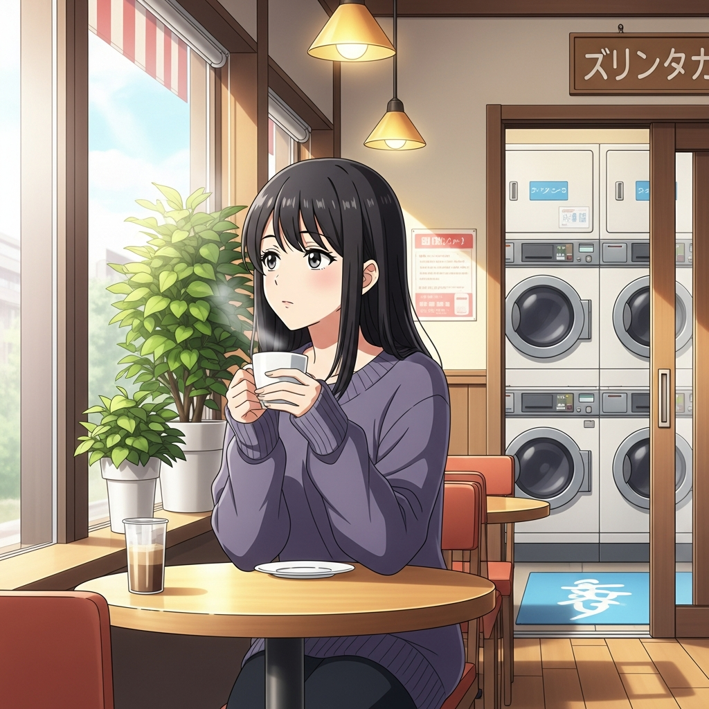 コインランドリーにいる若い女性