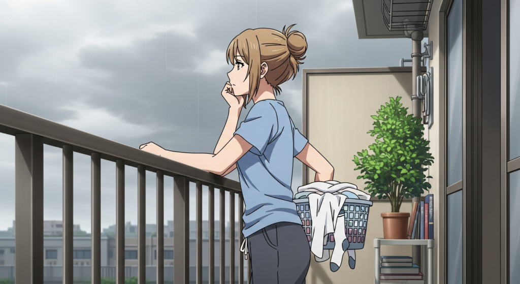 曇りの日に洗濯物を干すか悩む若い女性