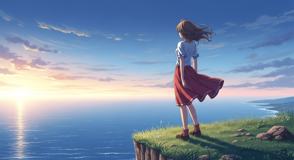 遠くを見つめる若い女性