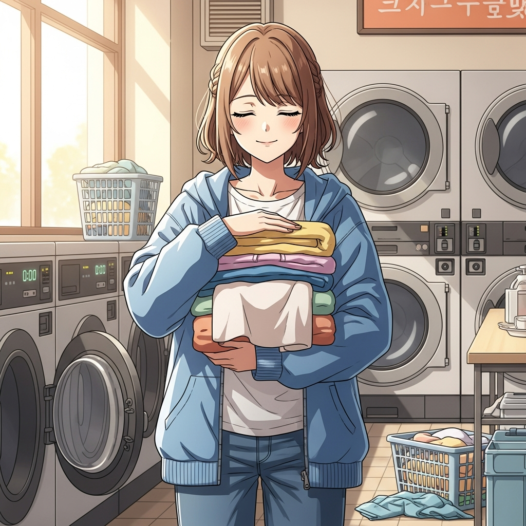 洗濯が終わった若い女性