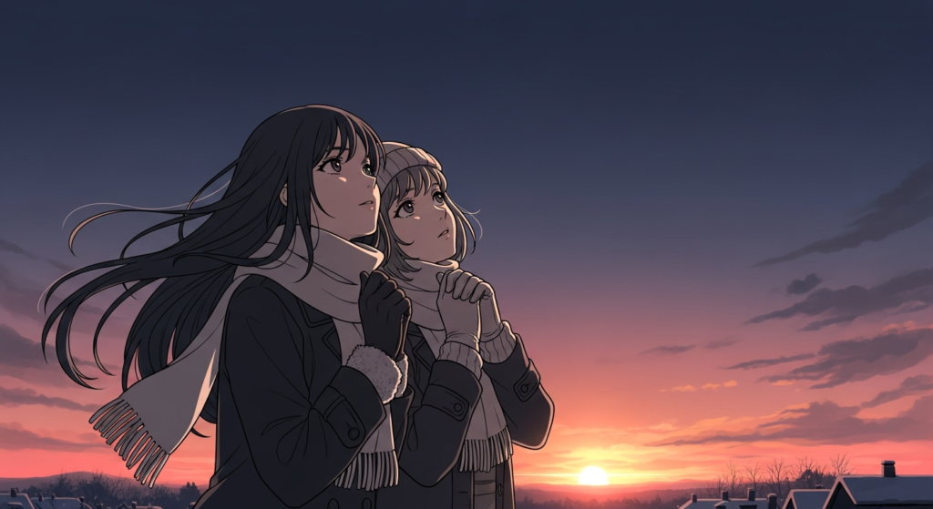 冬至で外で夜空を見つめる若い女性