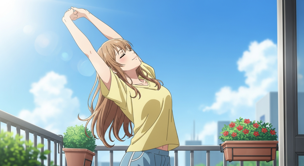 ベランダで背伸びをする若い女性