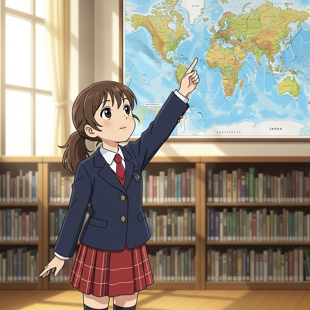 世界地図を見る若い女性