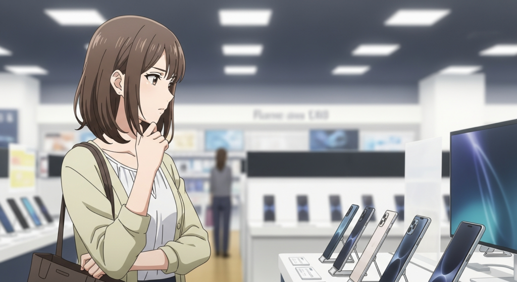 携帯電話を見ている若い女性