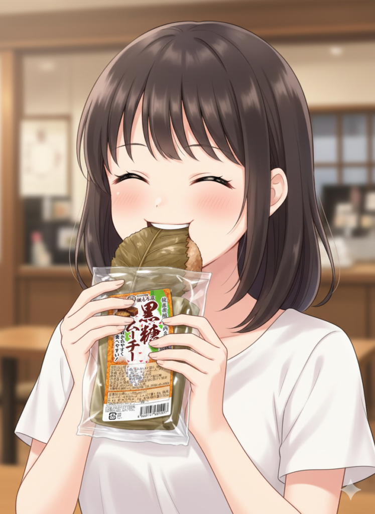 ムーチーを食べる女性