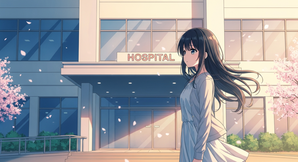 病院の前を歩く若い女性