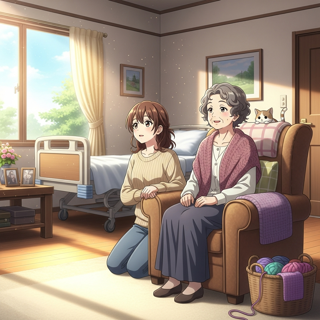 介護ベットを見つけてゆっくりする親子