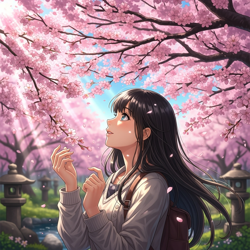 桜を眺めている若い女性