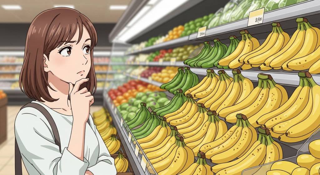 アップルバナナを見る若い女性
