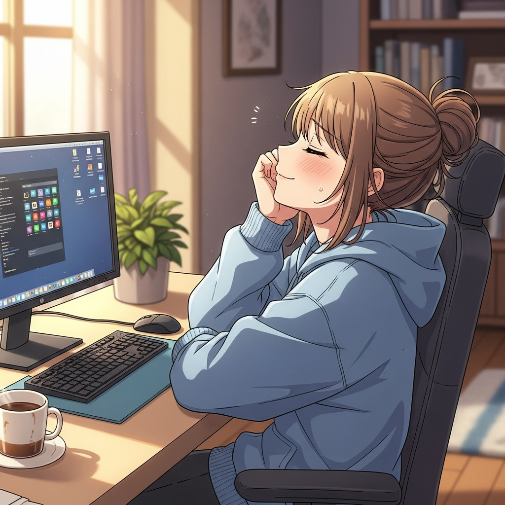 パソコン作業を終えた若い女性