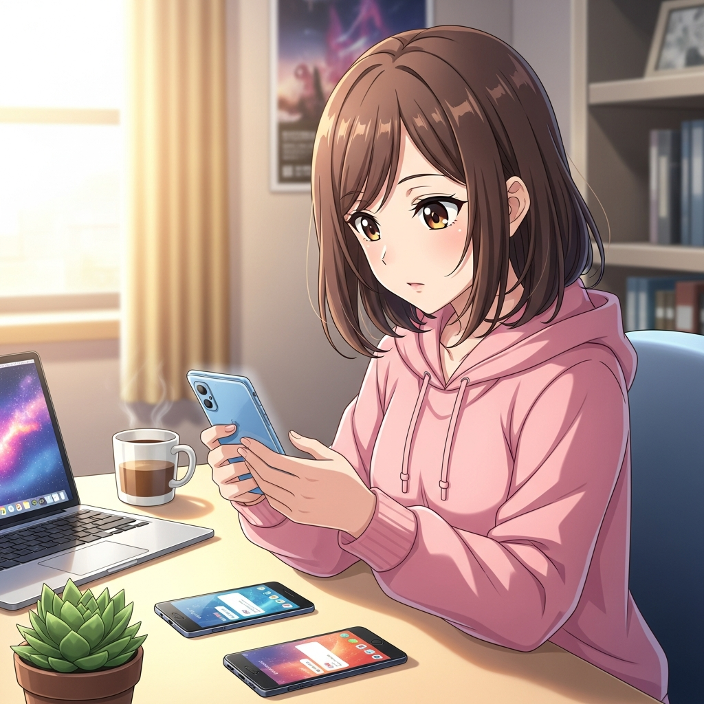 携帯電話の操作をする若い女性