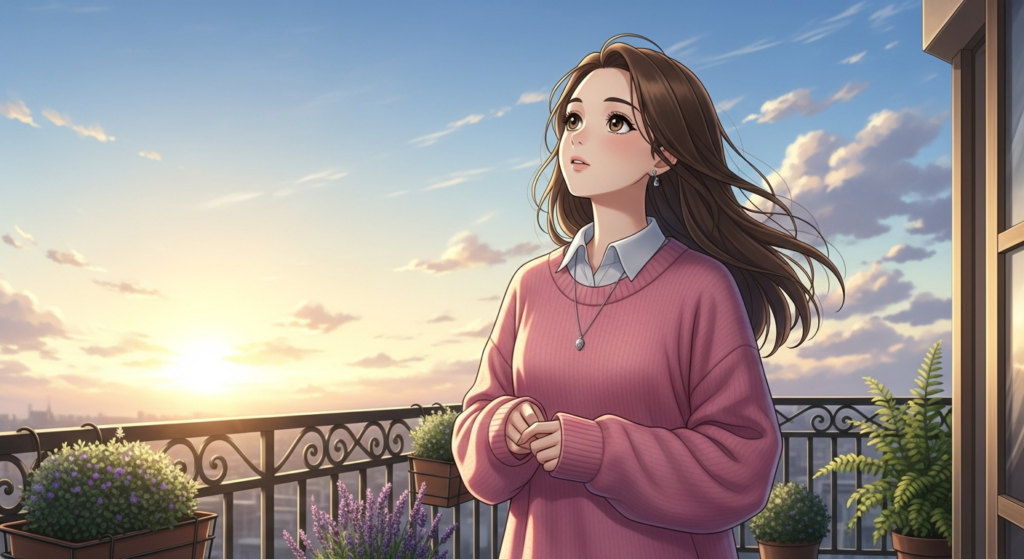 朝の空を見つめる若い女性