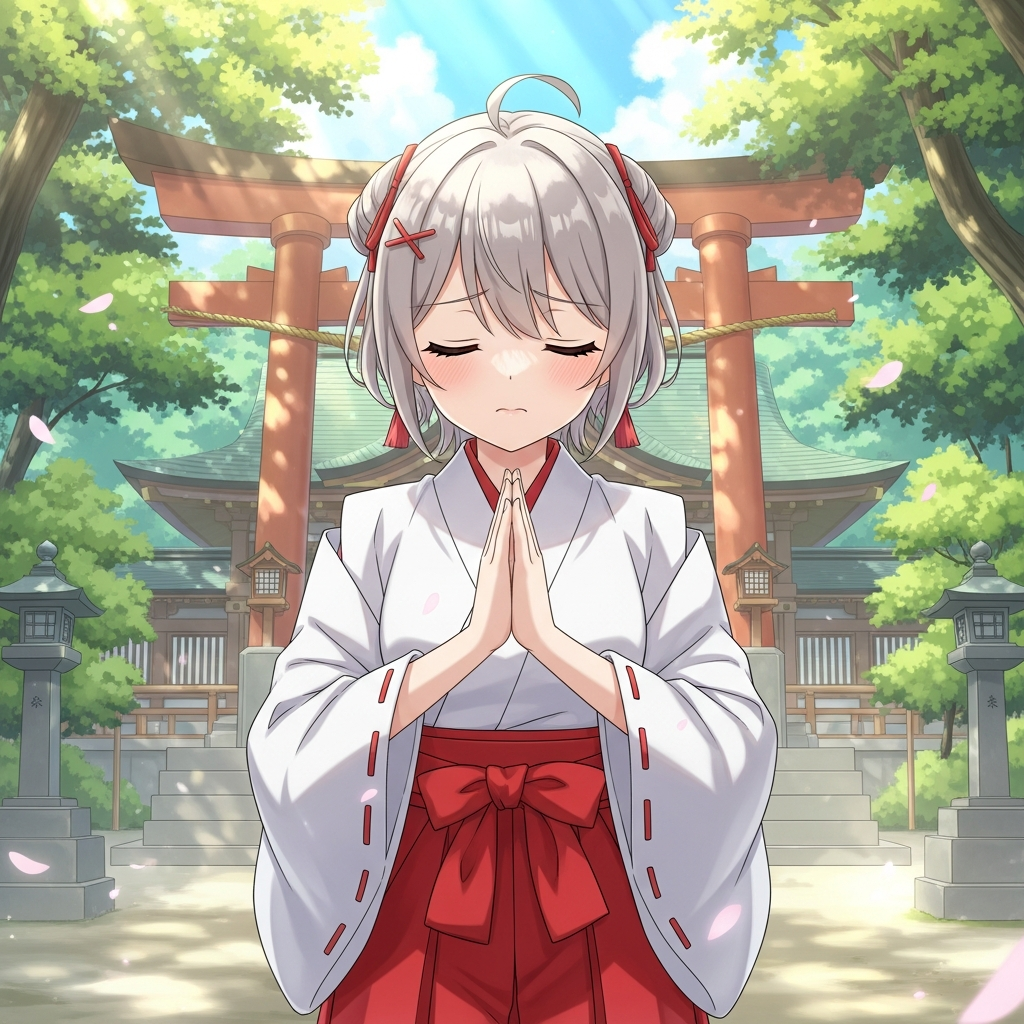 初詣で祈る若い女性