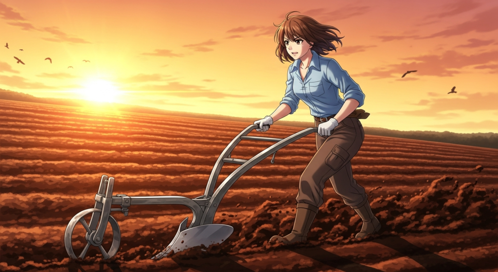 畑を耕すわい女性