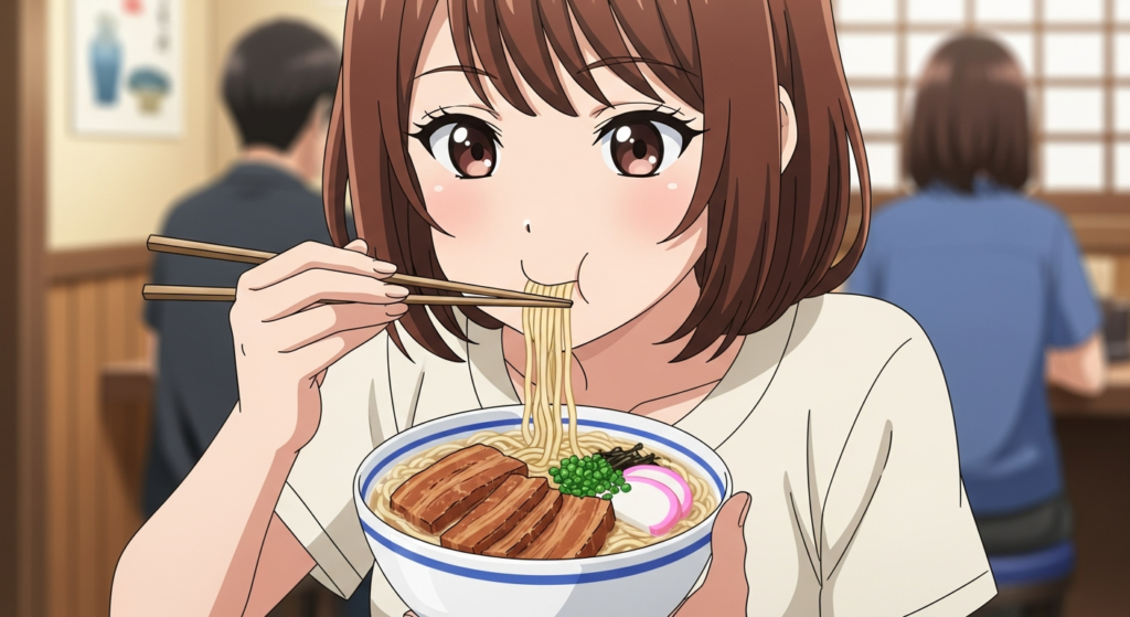 沖縄そばを食べる若い女性