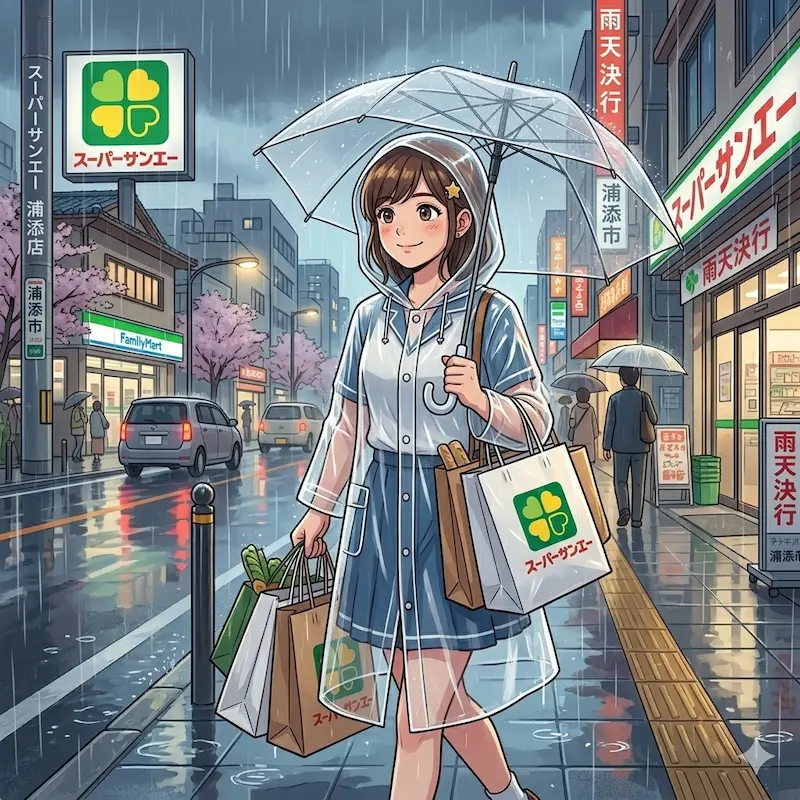 雨の中買い物へ行く