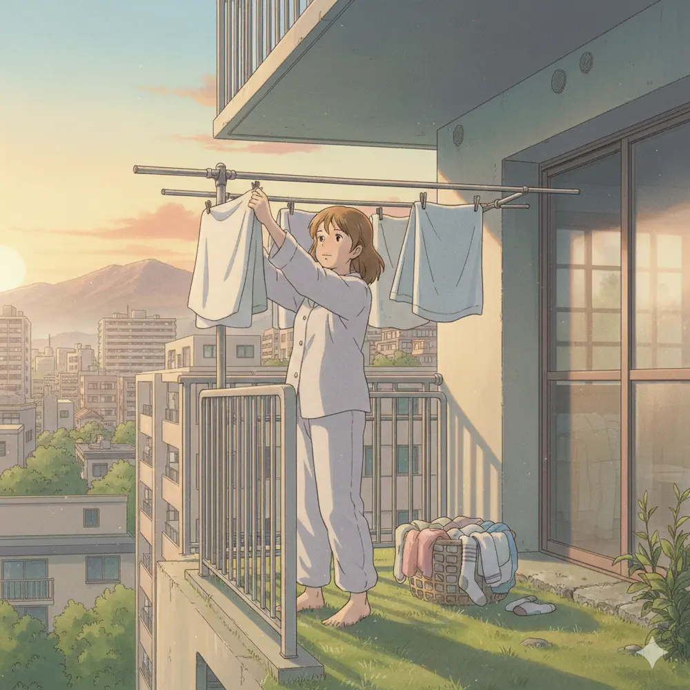 朝早く起きて洗濯物を干す若い女性

