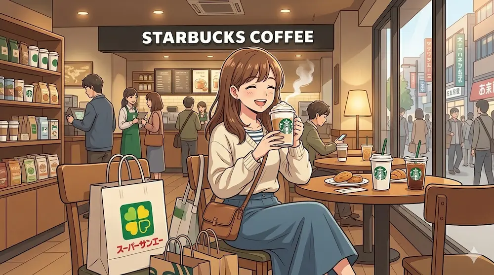 スターバックスコーヒーでくつろぐ若い女性
