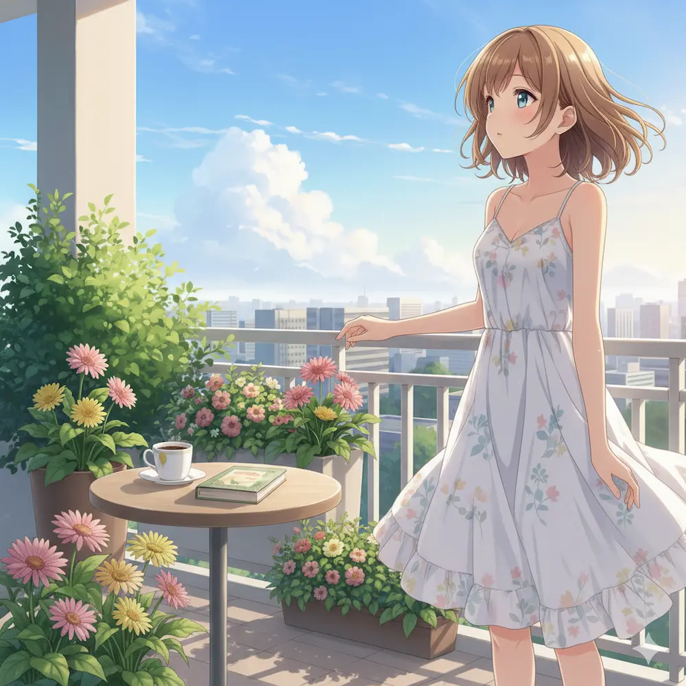 朝の風景を見つめる若い女性