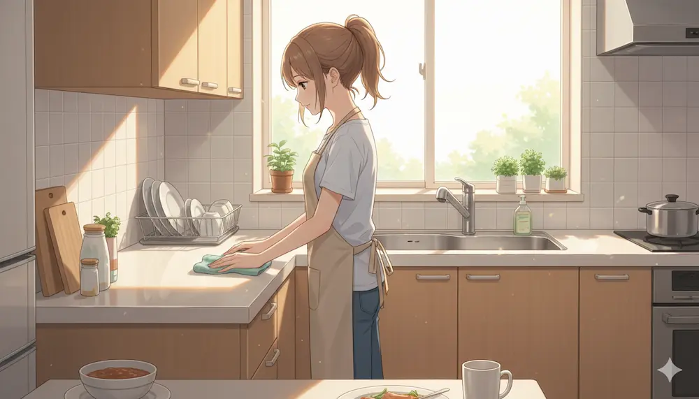 朝の台所片づけの風景