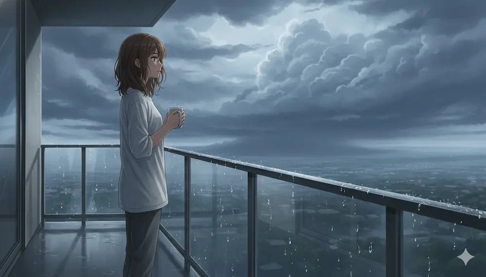 曇り空を眺めてる若い女性