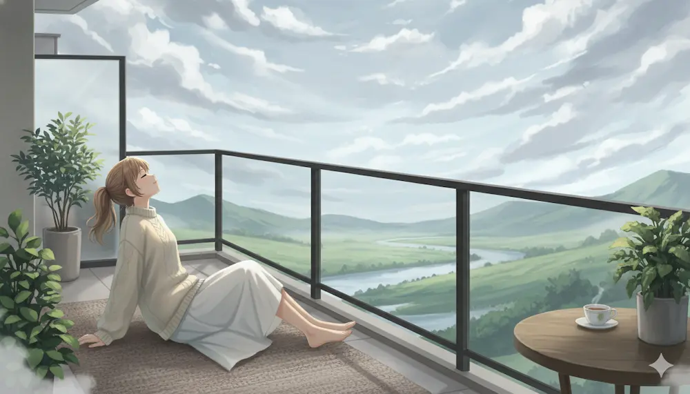 朝の風景 曇り空のベランダで外の風を感じる若い女性