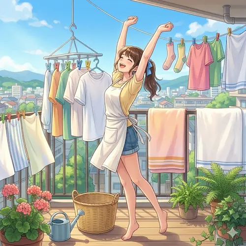 洗濯終わって背伸びをする女性