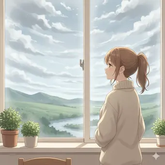 曇り空を眺める若い女性