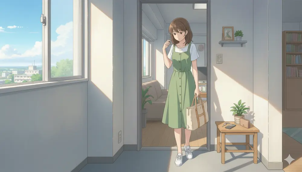 買い物へ行く準備をする若い女性