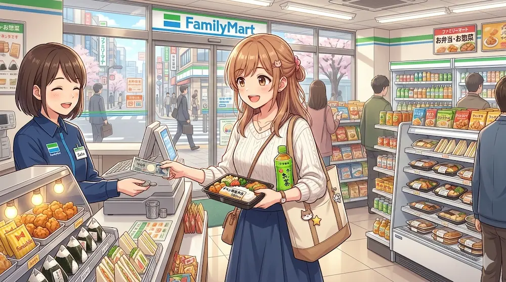 弁当を買いに行く若い女性