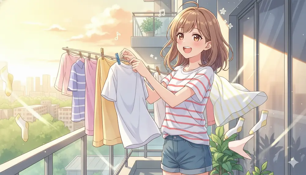 洗濯物を干す若い女性