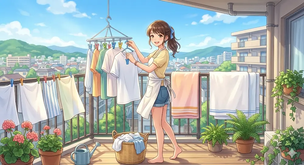 ベランダで洗濯物物を干す風景