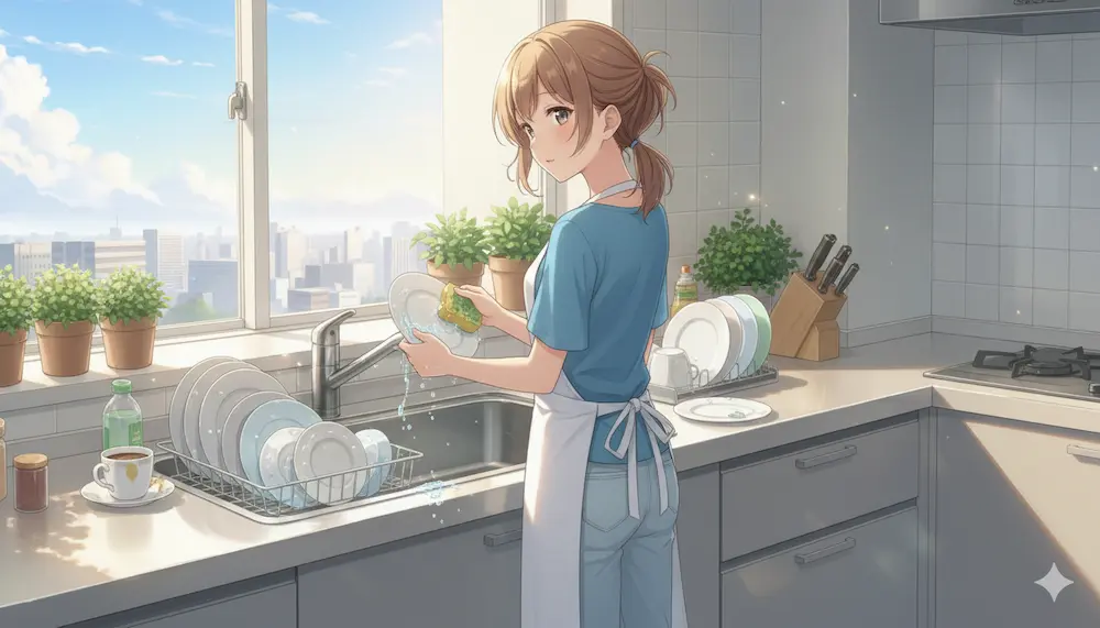 朝の食器の片づけ