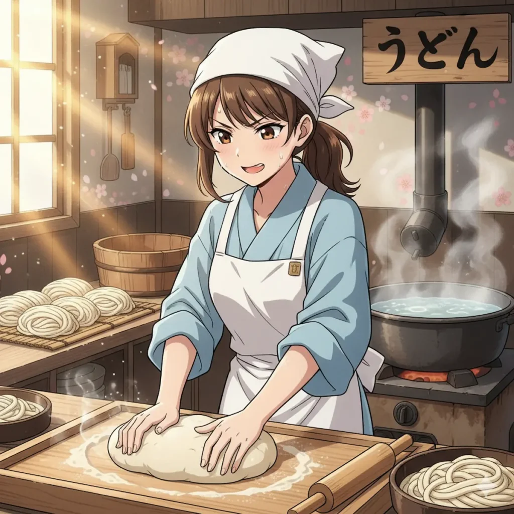 うどんを作る若い女性