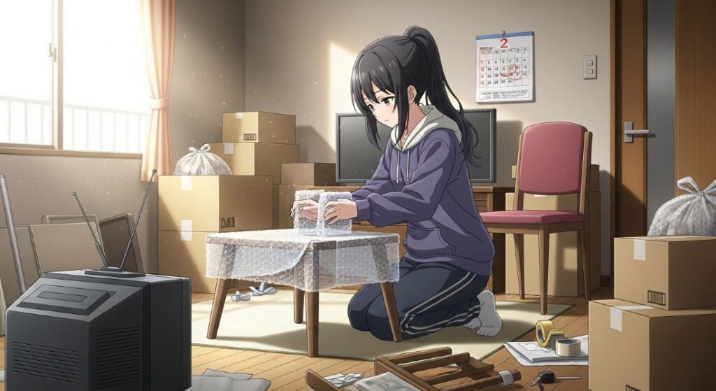 荷造りをしている若い女性