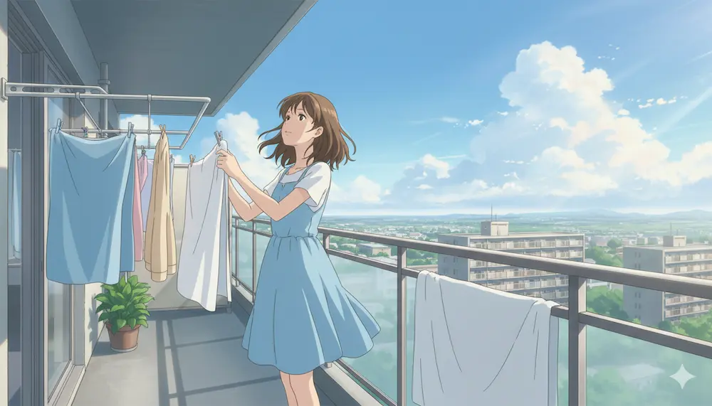 洗濯が終わって干しながら空を眺めている