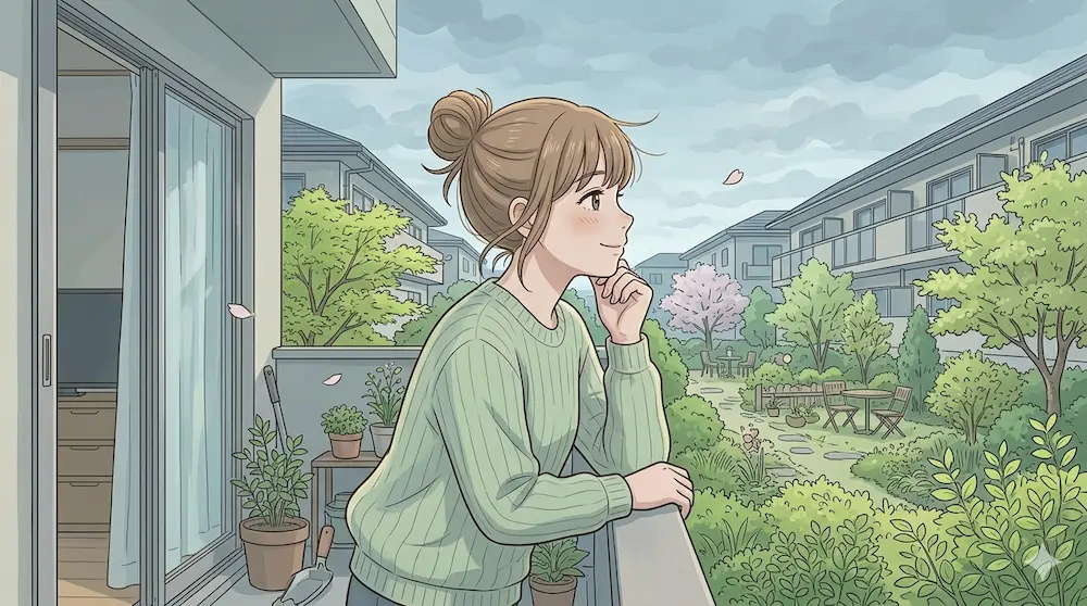 ベランダで和んでる若女性