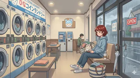 コインランドリーで待つ若い女性
