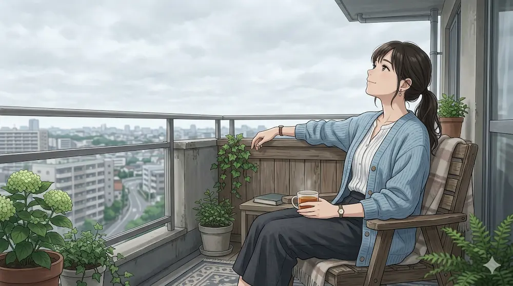 曇り空を楽しむ若い女性