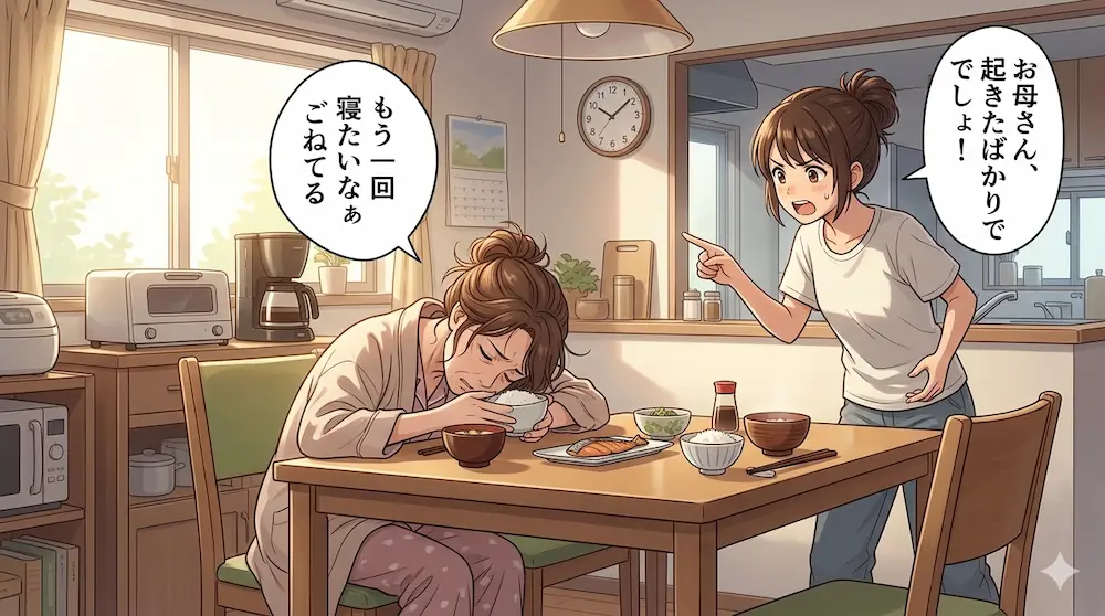 朝ごはん中に寝る母親