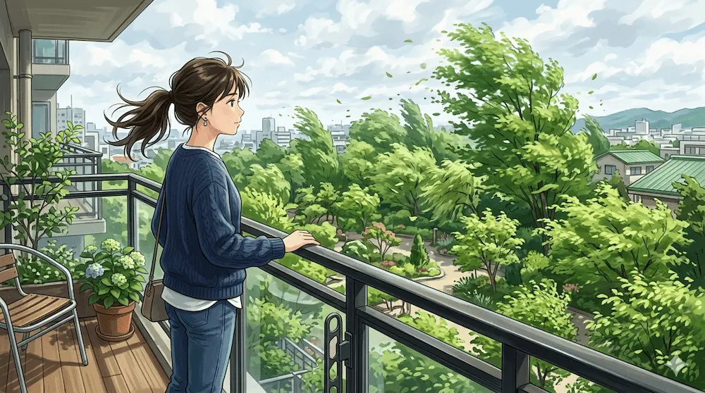 窓の外を眺める若女性