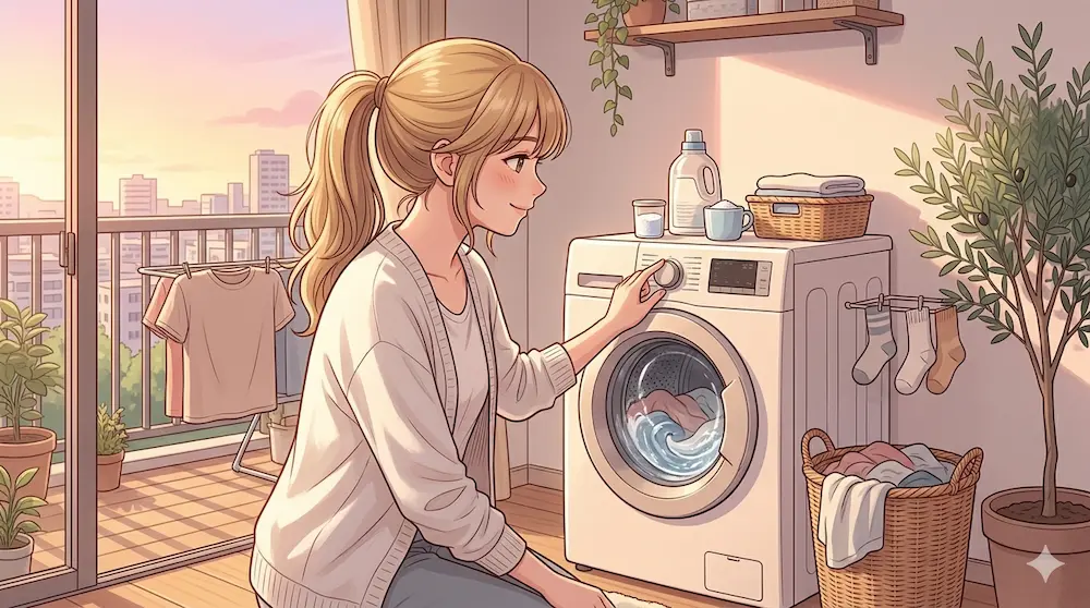 洗濯機を回す若女性