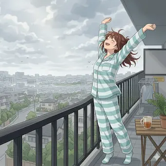 朝の風を受けてる若い女性