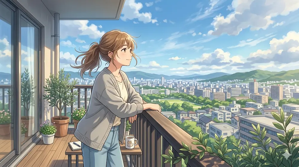 朝の風景を楽しむ若女性