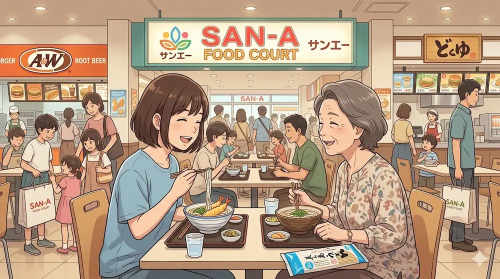 フードコートでうどんを食べる