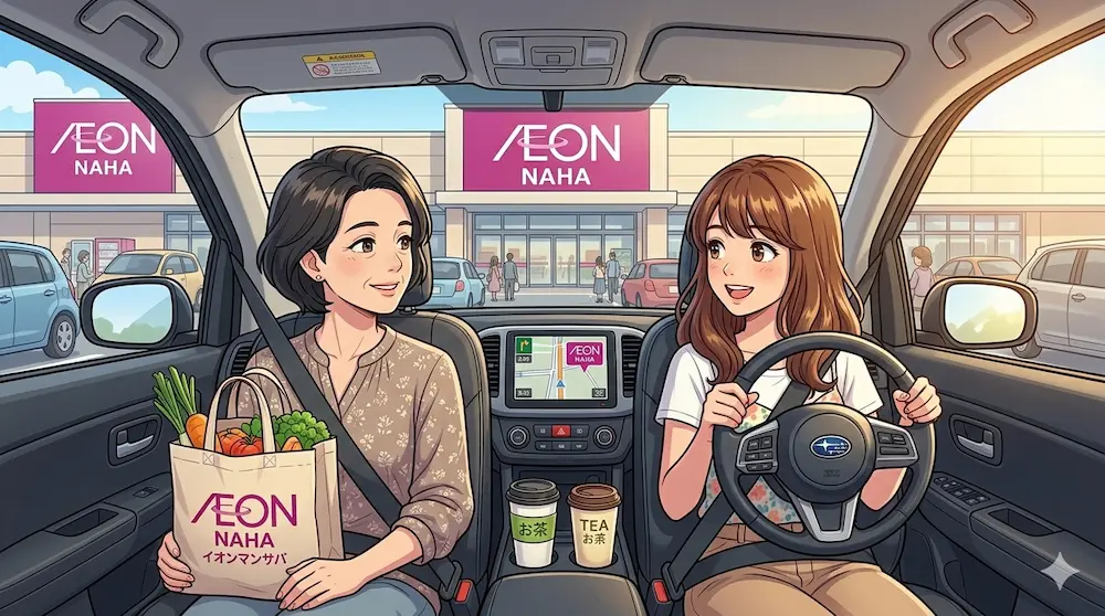 車で買い物へ行く風景