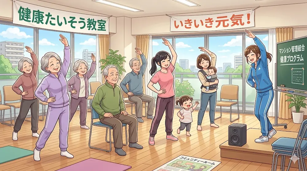 皆で体操をする