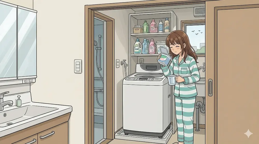 洗剤の確認する若い女性
