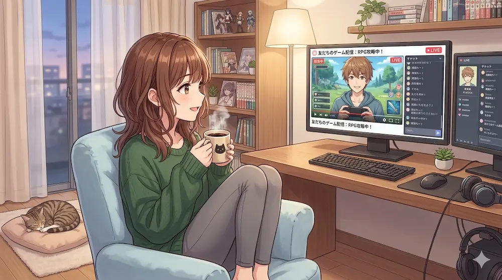 友達の動画配信を見ている